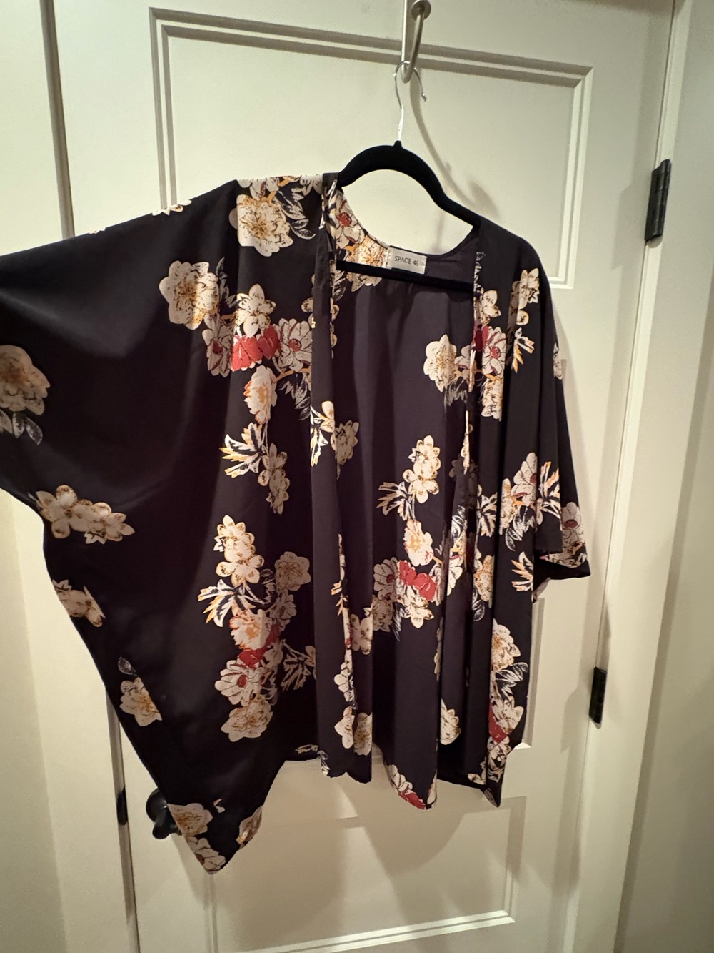 Zara Black Floral Open-Front Kimono with Cream and Red Accents